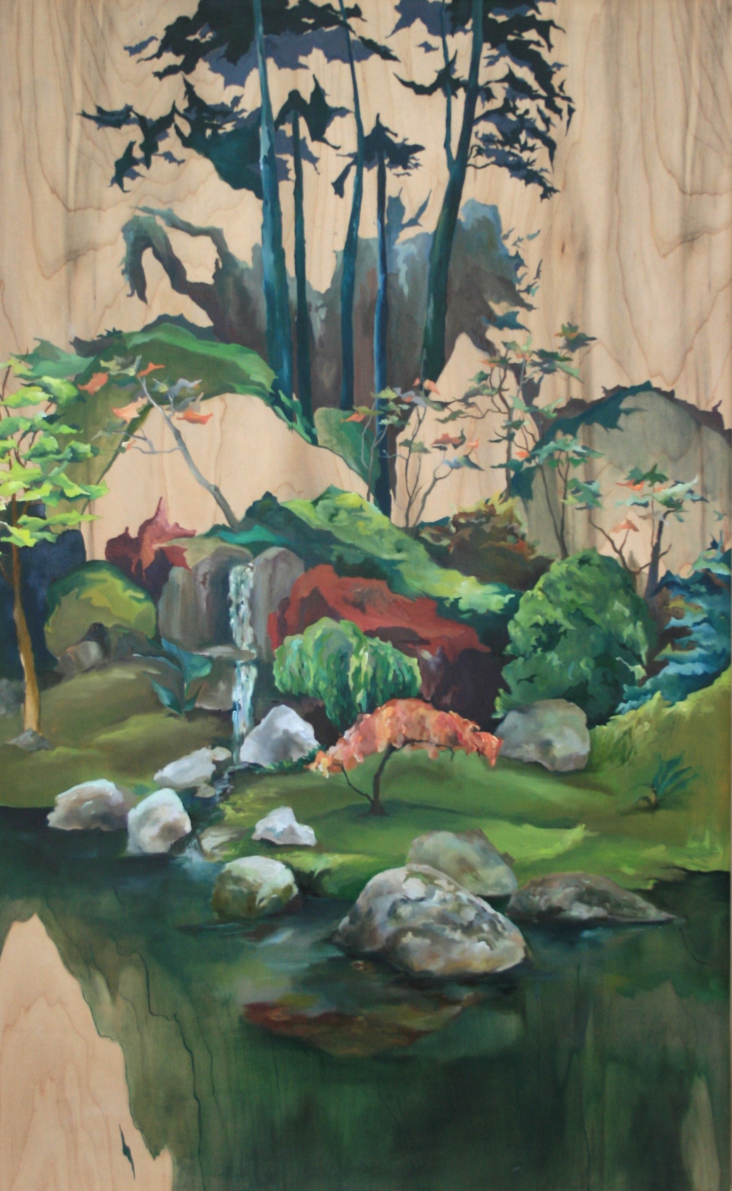 Painting of a forest landscape with trees, rocks, and a stream.