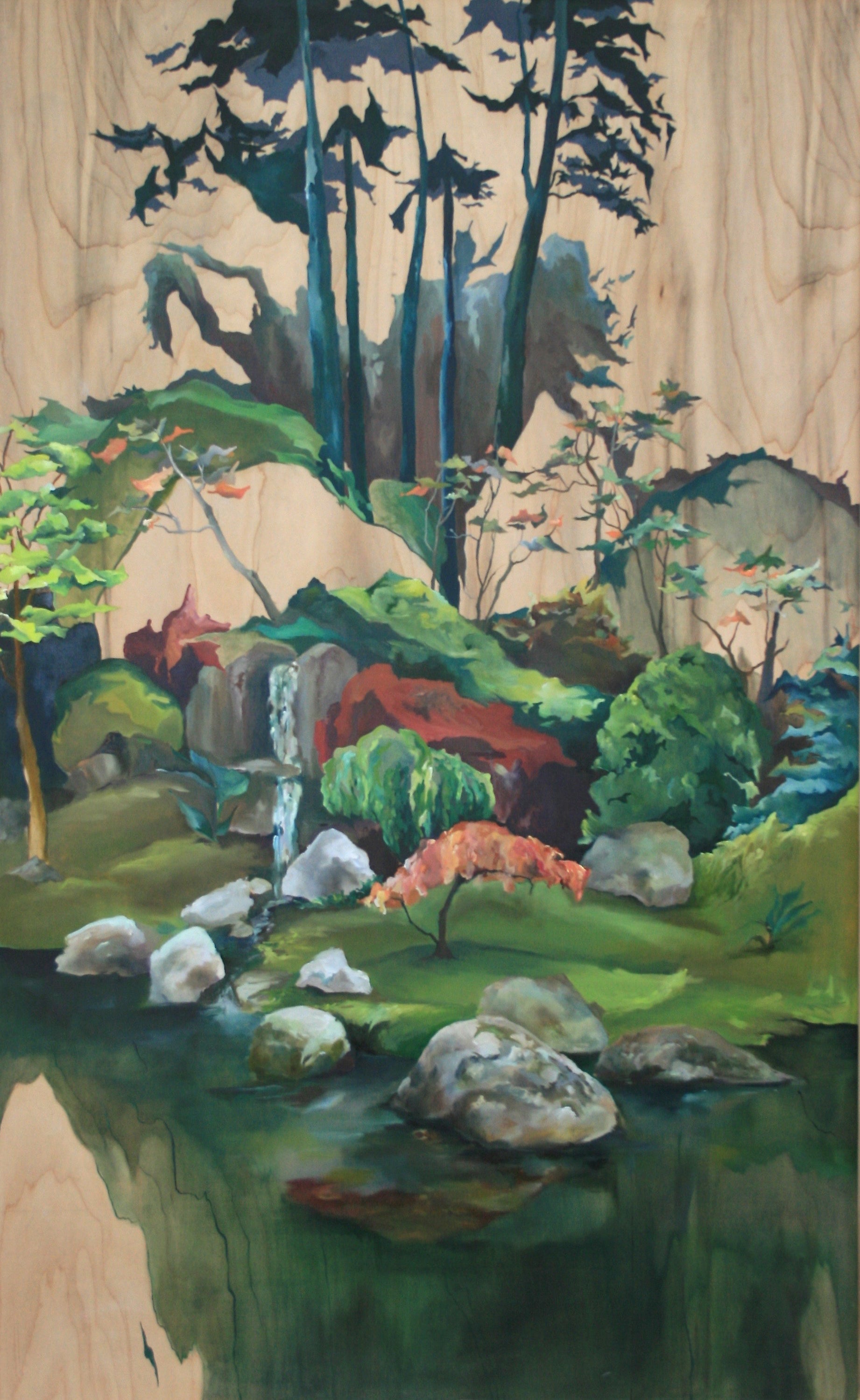 Painting of a forest landscape with trees, rocks, and a stream.