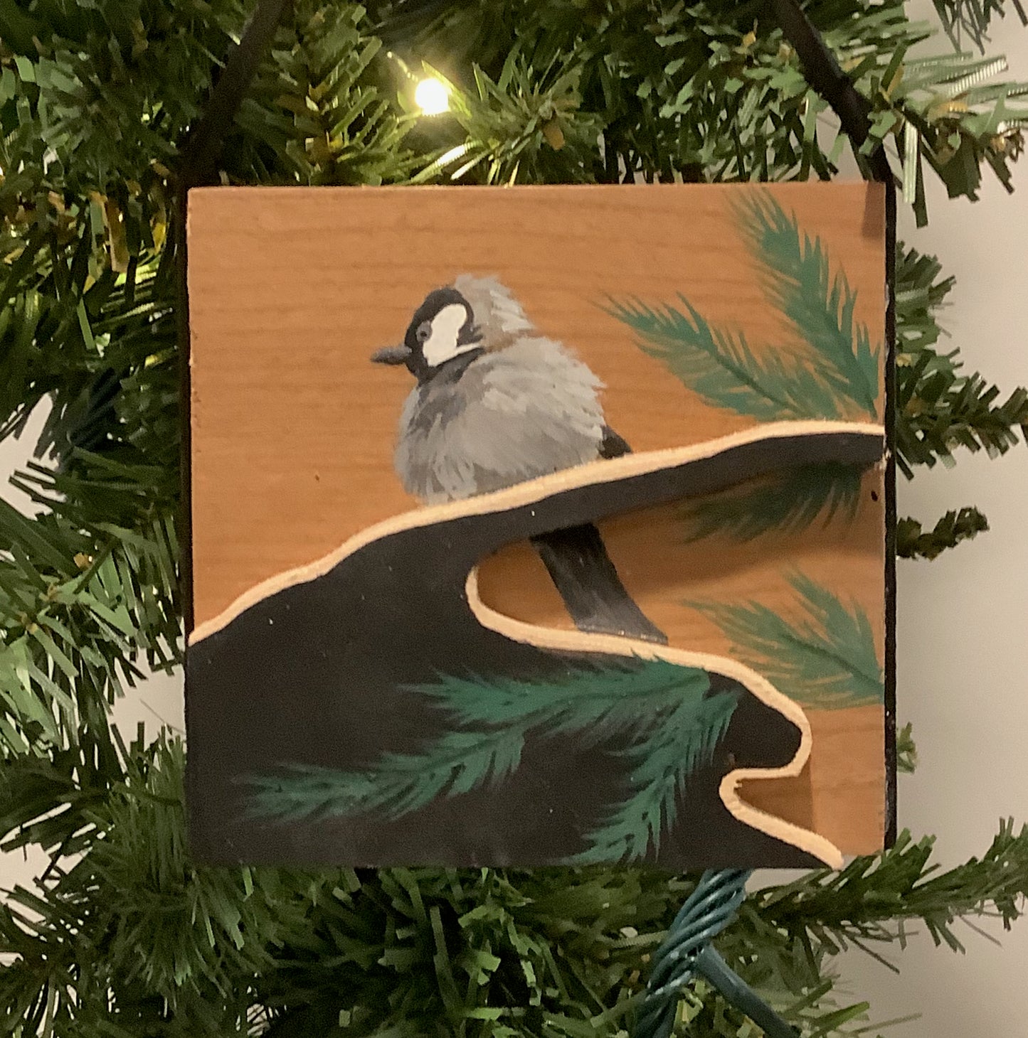 Chickadee Stare Wooden Christmas Ornament